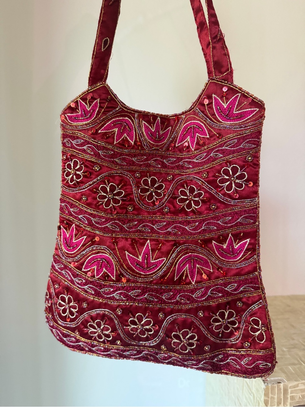 Embroidered Beaded Burgundy Floral Shoulder Bag